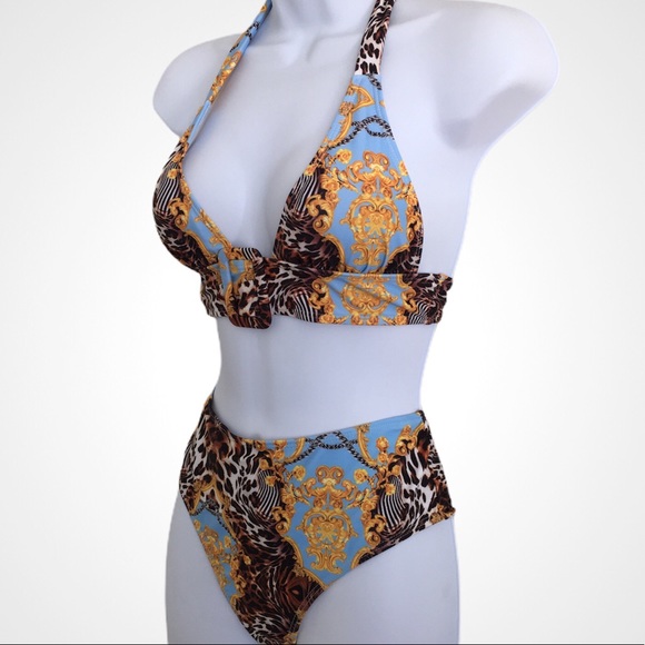 Fashion Design Blue High Waisted Halter Swimsuit - Picture 9 of 10